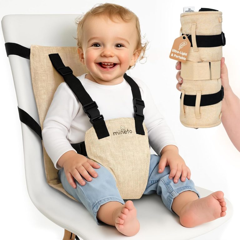 Mineto Chaise Nomade Bébé Portable Ultra-Légère, Harnais Sécurisé 3 Points, Rehausseur Chaise Enfant de Voyage, de 6 Mois à 3 Ans, Beige
