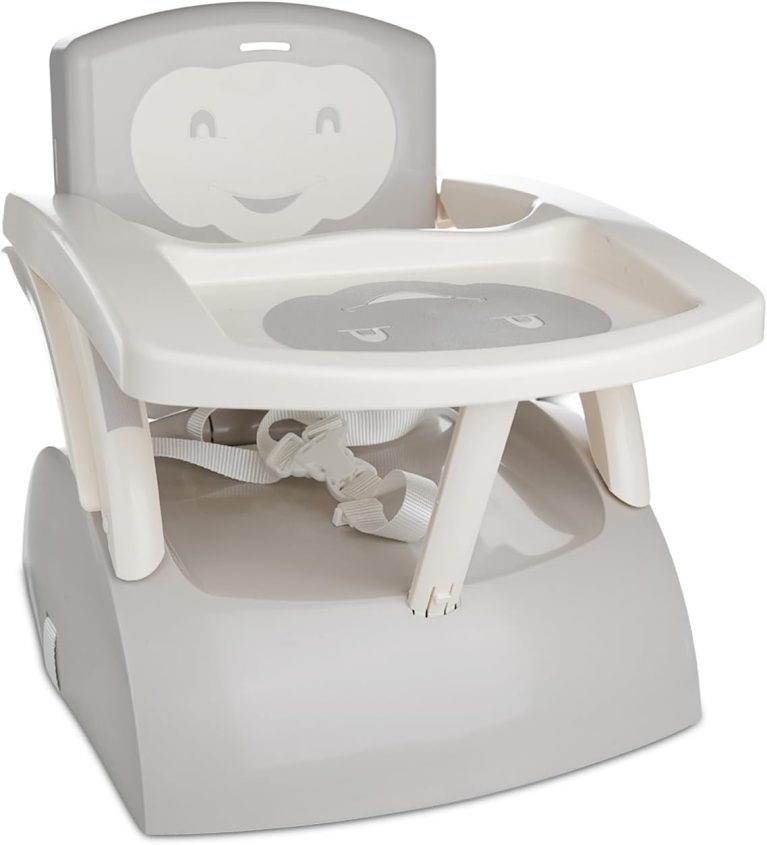 THERMOBABY Rehausseur de chaise évolutif 2en1, avec tablette amovible, Fauteuil enfant, Pliable, Harnais 3 points, dès 6 mois jusqu'à 15 kg, Gris Velours