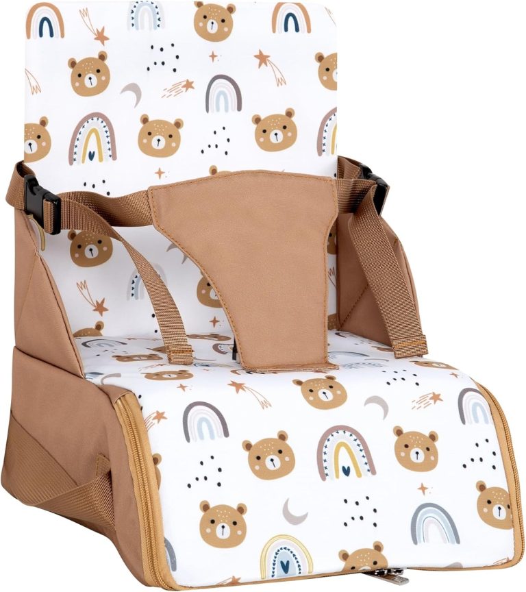 TINÉO - Réhausseur Nomade - Adaptable A Toutes Les Chaises - Ultra Compact - Transportable - Harnais De Sécurité - Rangement Compartimenté Et Fermé dans L'Assise (Camel Ourson)